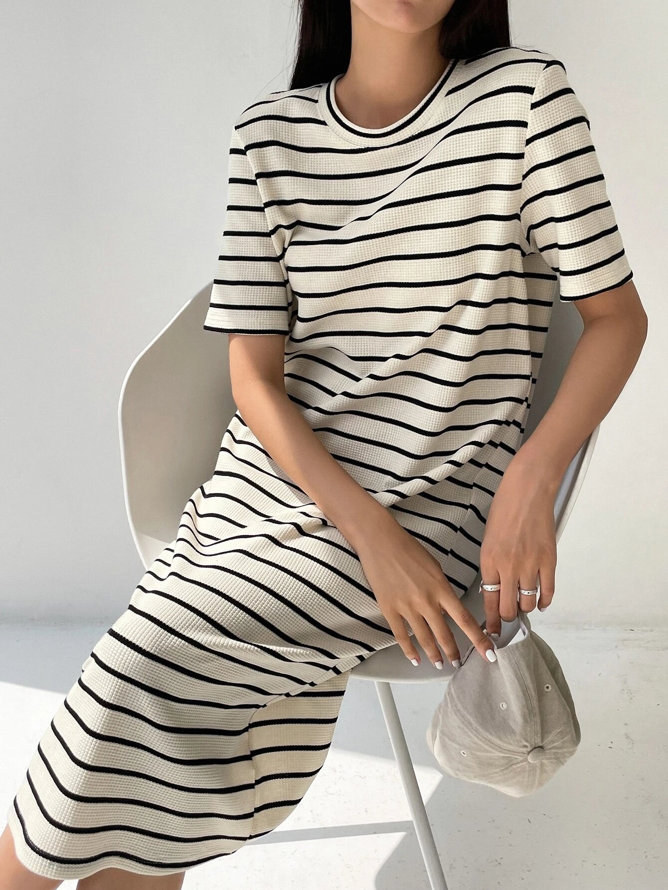 White-Black Striped Midi Dress