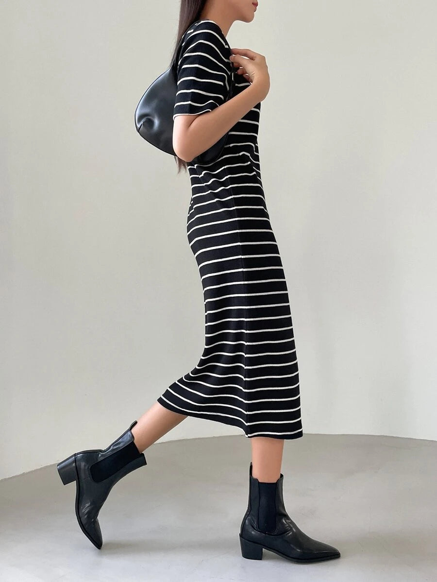 Black-White Striped Midi Dress