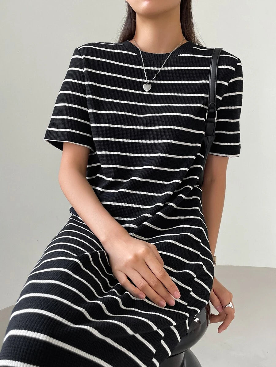 Black-White Striped Midi Dress