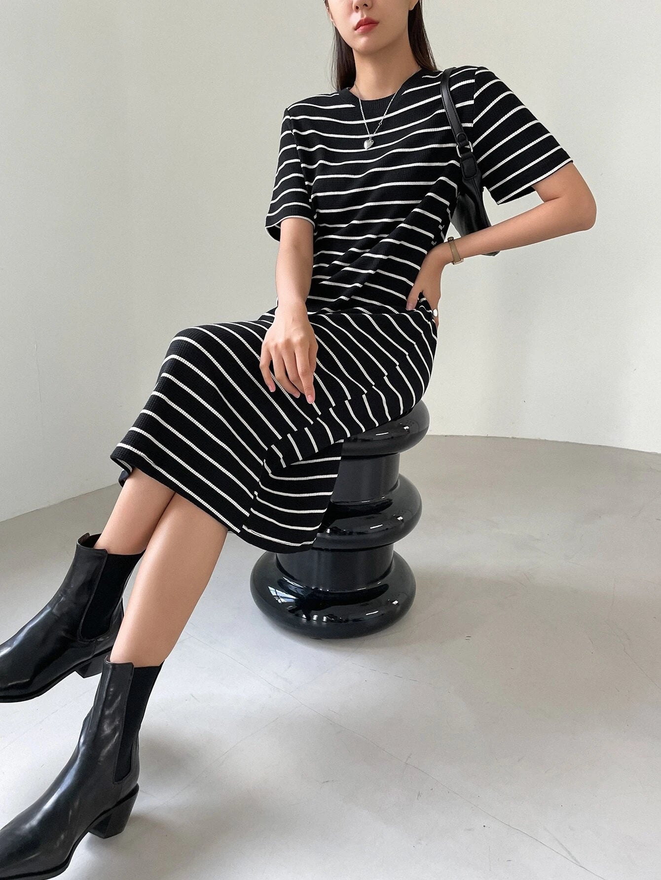 Black-White Striped Midi Dress