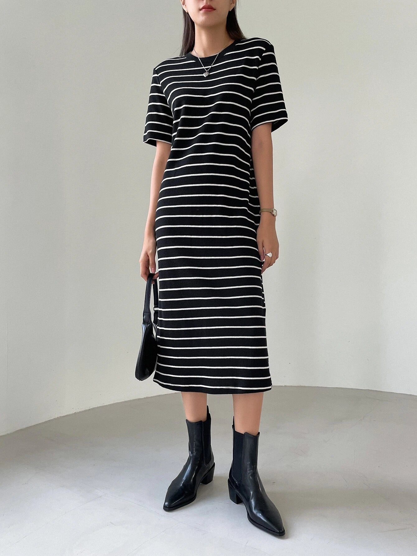 Black-White Striped Midi Dress