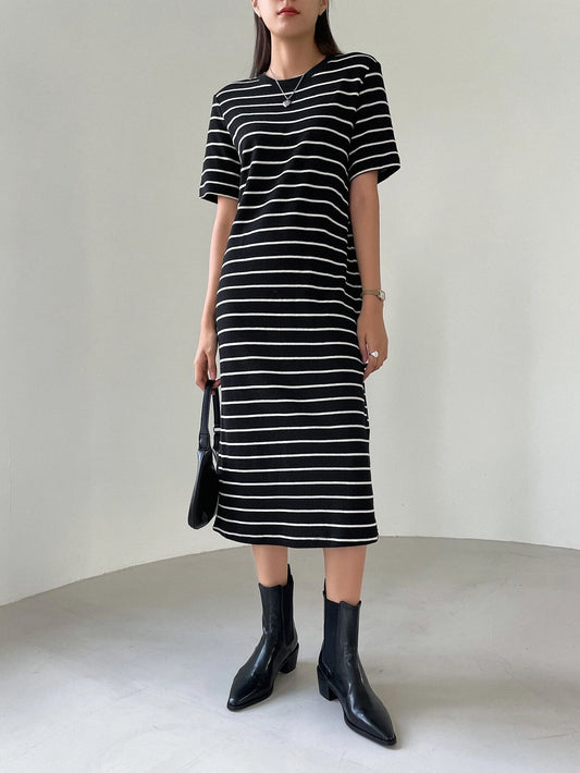 Black-White Striped Midi Dress