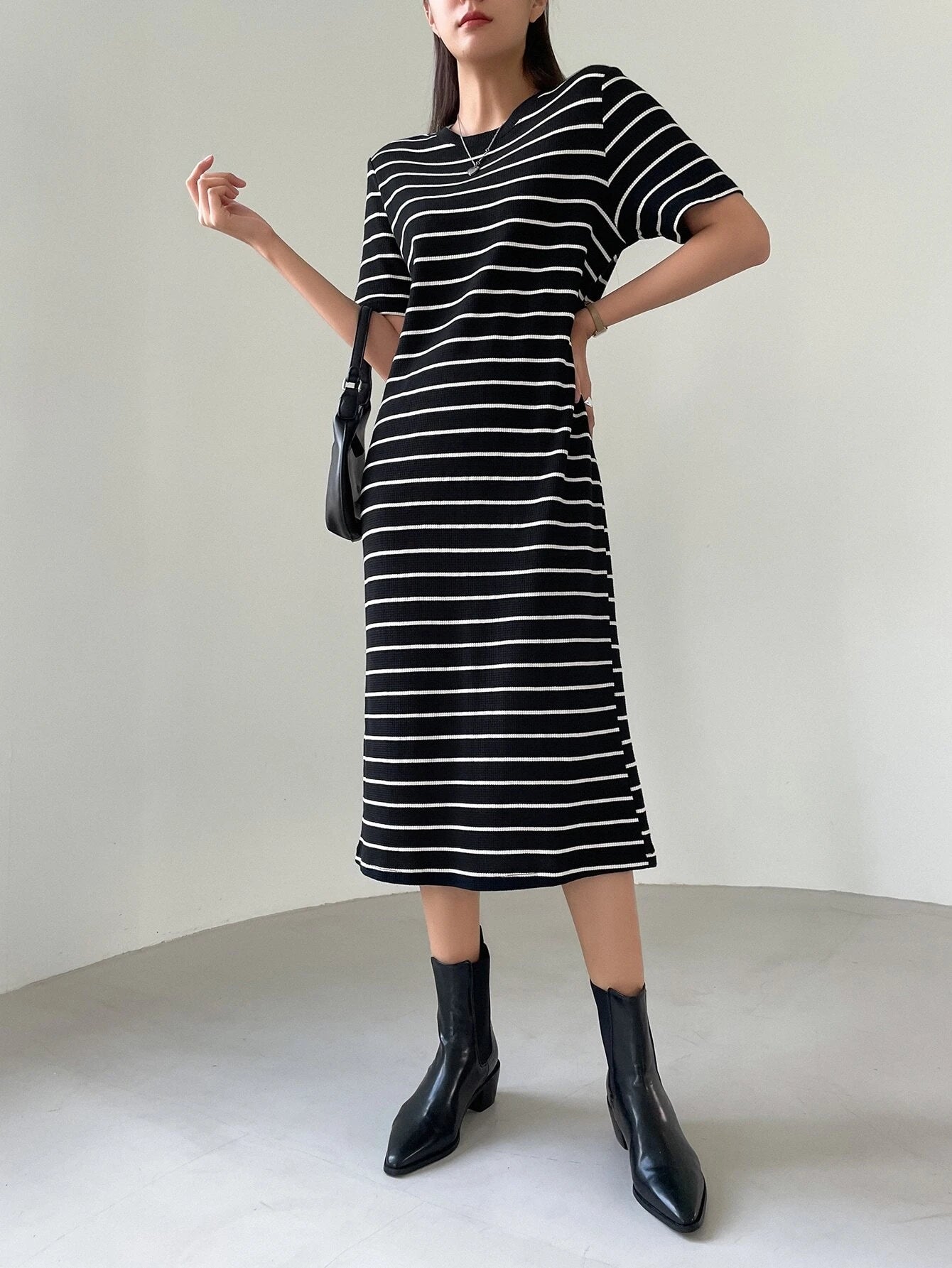 Black-White Striped Midi Dress