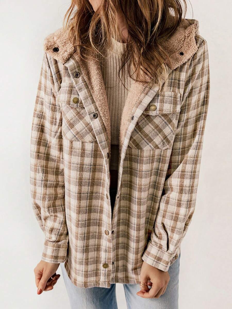 Plaid Teddy Lined Hooded Coat