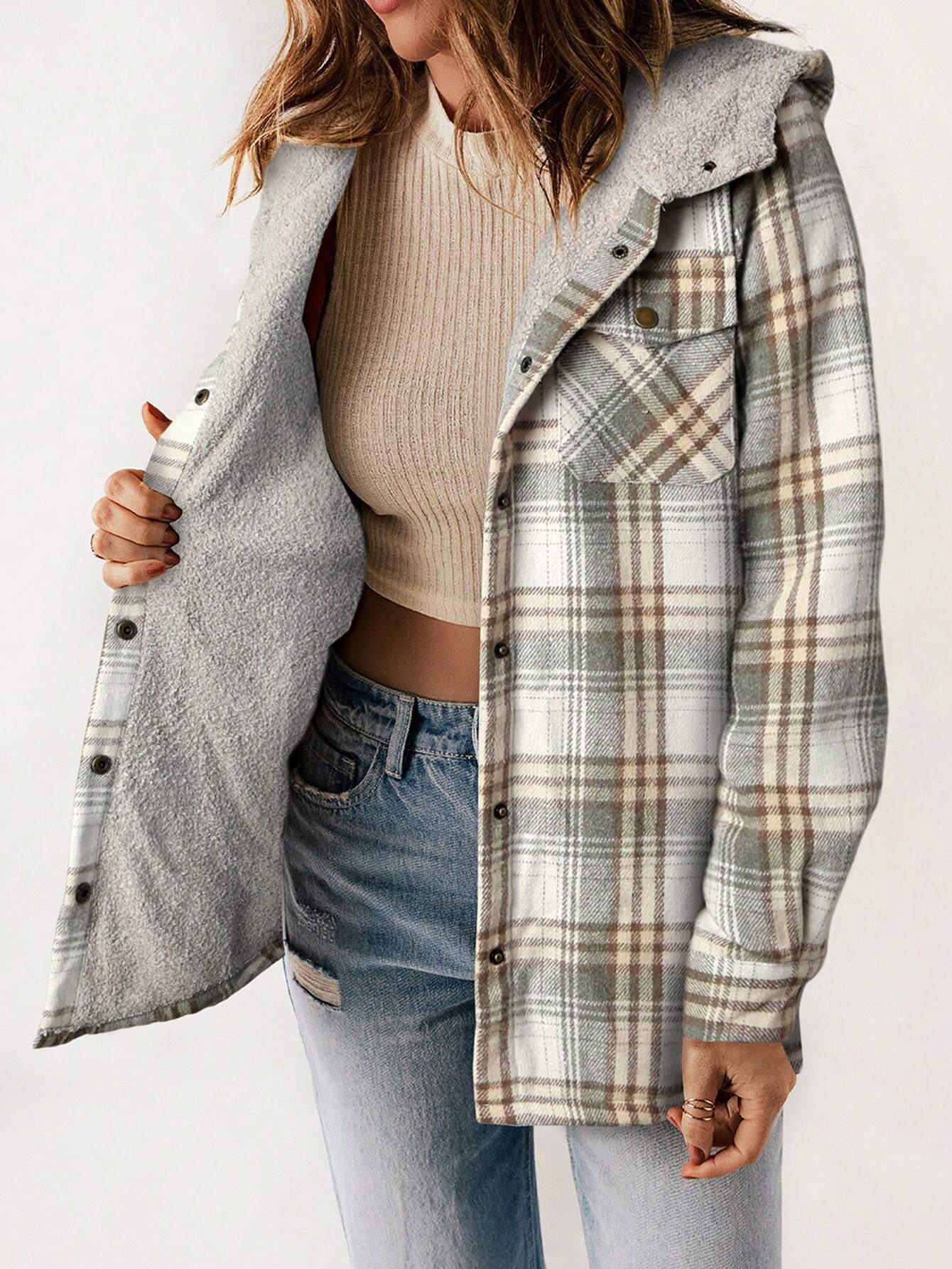 Plaid Teddy Lined Hooded Coat