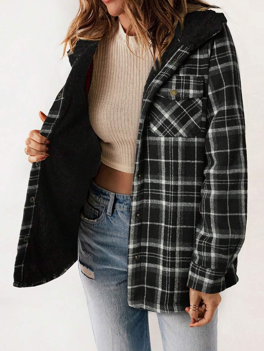 Plaid Teddy Lined Hooded Coat