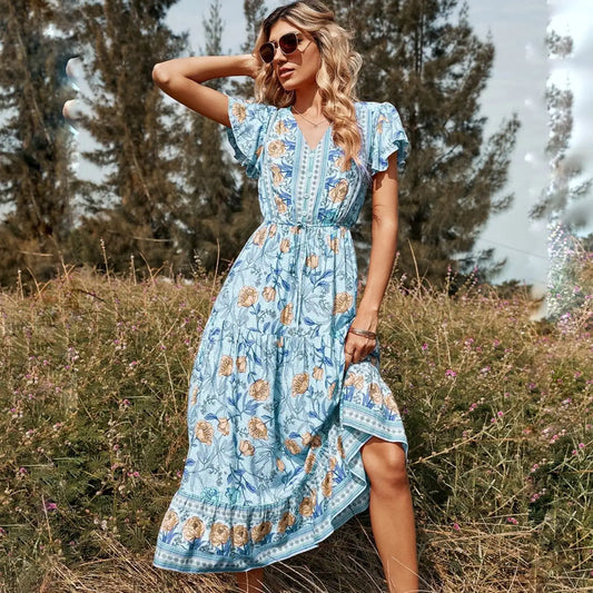 Blue Bohemian Floral Dress