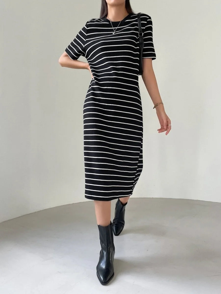 Black-White Striped Midi Dress