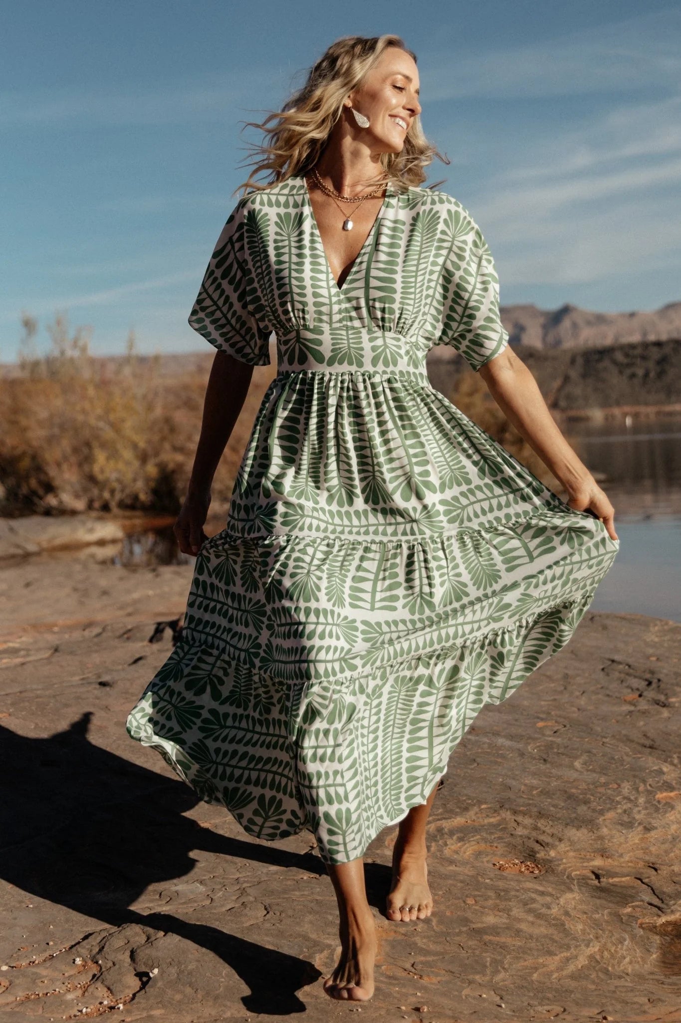 Green Kimono Print Dress