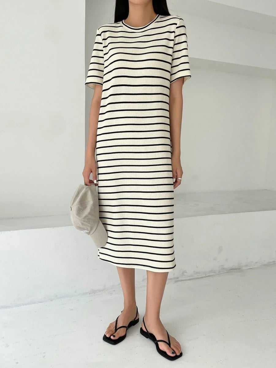 White-Black Striped Midi Dress