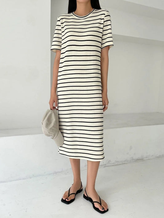 White-Black Striped Midi Dress